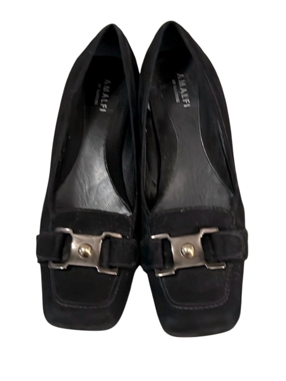Amalfi Rangoni Vintage Black Suede Leather Square Toe Heeled Loafer Shoes Italy